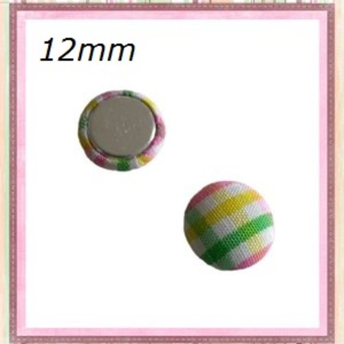 X2 cabochons dômes tissu à carreaux blanc/jaune/rose/vert  12mm
