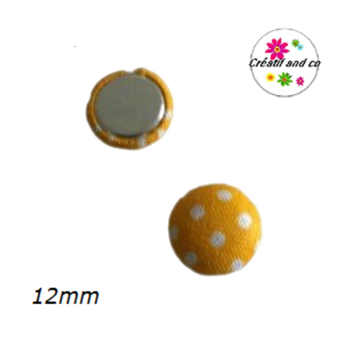 X2 cabochons dômes tissu jaune d'or pois blanc 12mm