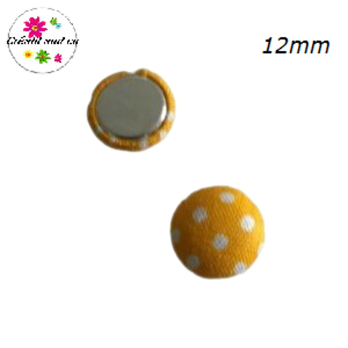 X2 cabochons dômes tissu jaune d'or pois blanc 12mm