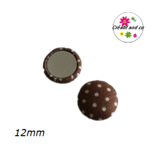 X2 cabochons dômes tissu marron pois blanc 12mm
