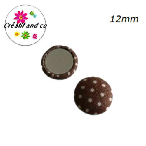 X2 cabochons dômes tissu marron pois blanc 12mm