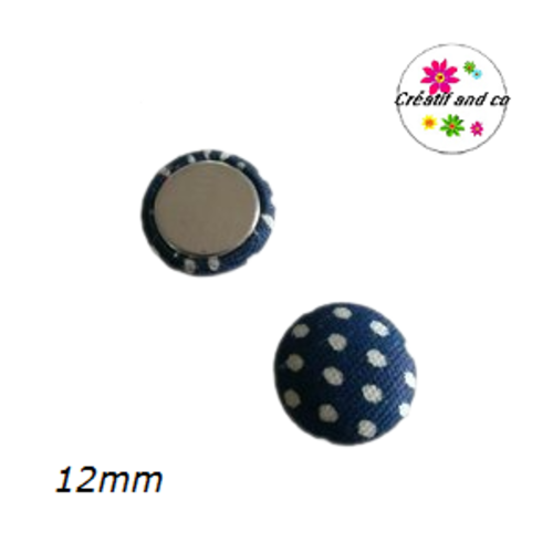 X2 cabochons dômes tissu bleu marine pois blanc 12mm