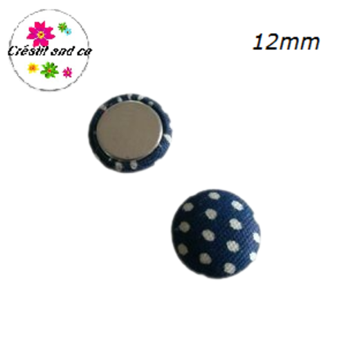 X2 cabochons dômes tissu bleu marine pois blanc 12mm