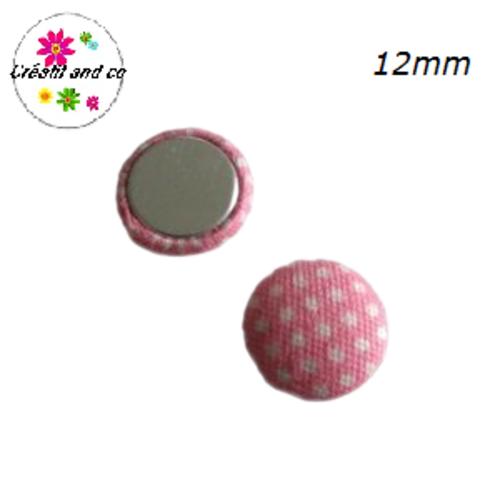 X2 cabochons dômes tissu rose pois blanc 12mm