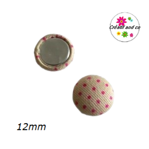 X2 cabochons dômes tissu beige pois fuschia 12mm
