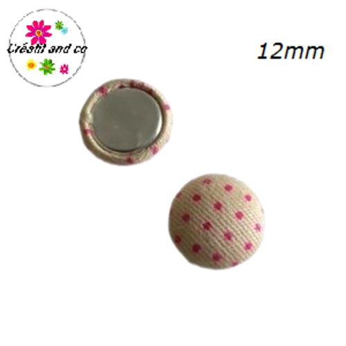 X2 cabochons dômes tissu beige pois fuschia 12mm