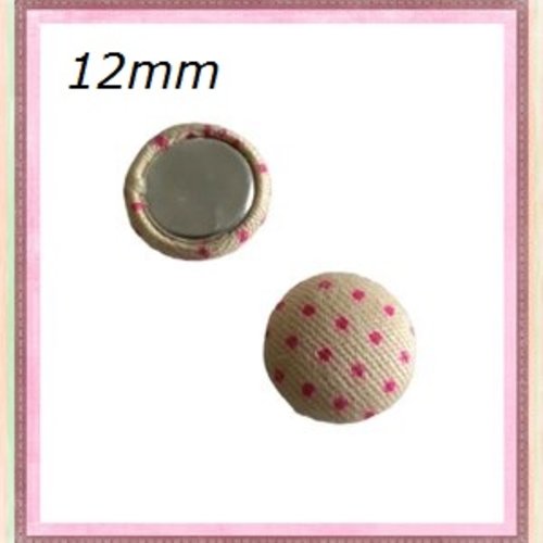 X2 cabochons dômes tissu beige pois fuschia 12mm