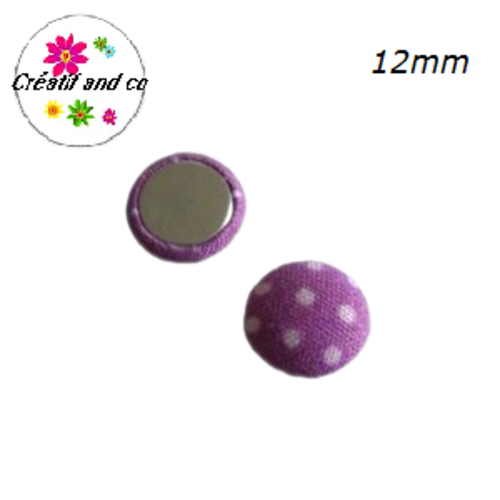 X2 cabochons dômes tissu parme pois blanc 12mm