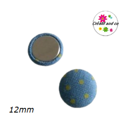 X2 cabochons dômes tissu bleu pois jaune 12mm