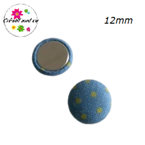 X2 cabochons dômes tissu bleu pois jaune 12mm