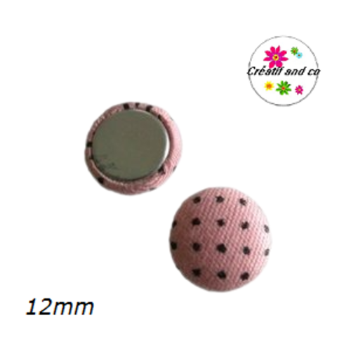 X2 cabochons dômes tissu rose pois noir 12mm