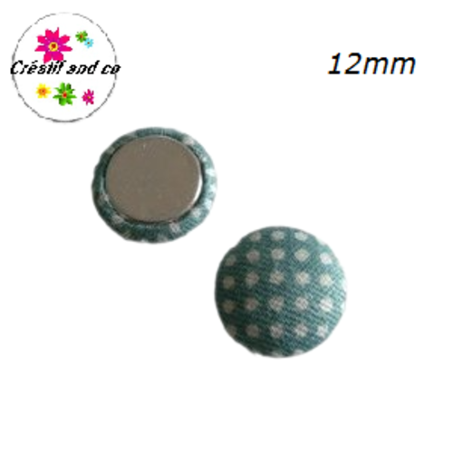 X2 cabochons dômes tissu vert-gris pois blanc 12mm