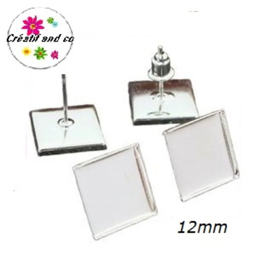 Puce oreille carrée métal argenté cabochon 12mm