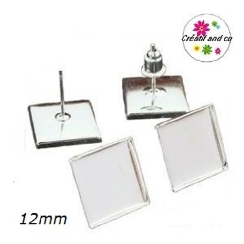 Puce oreille carrée métal argentée cabochon 12mm