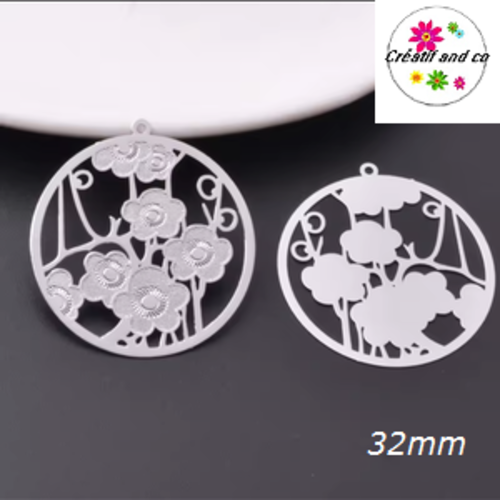 Breloque estampe fleur de prunier dans cercle argent  32mm