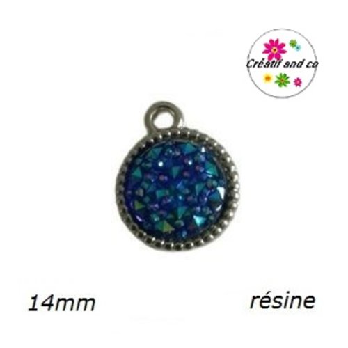 Pendentif acrylique cabochon bleu roi résine 14mm