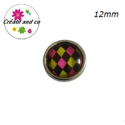 Bouton pression à motif noir/vert/fuschia 12mm