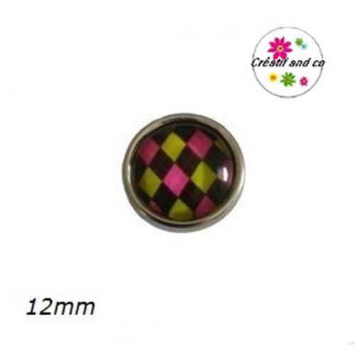 Bouton pression à motif noir/vert/fuschia 12mm