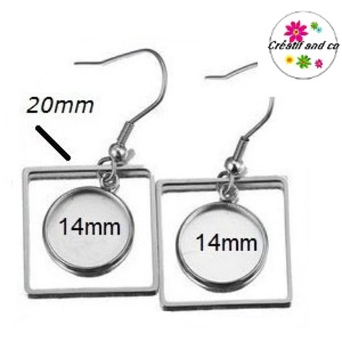 Boucle d'oreille carrée acier inoxydable  pour cabochon 14mm