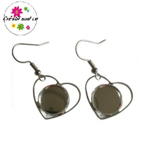 Boucle d'oreille coeur métal argenté  pour cabochon 12mm