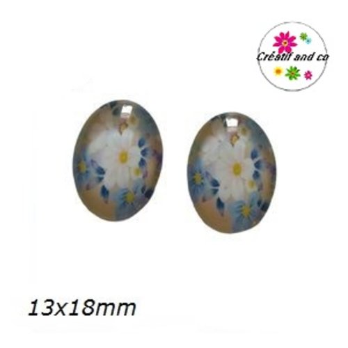 X2 cabochons ovales fleuris 13x18mm