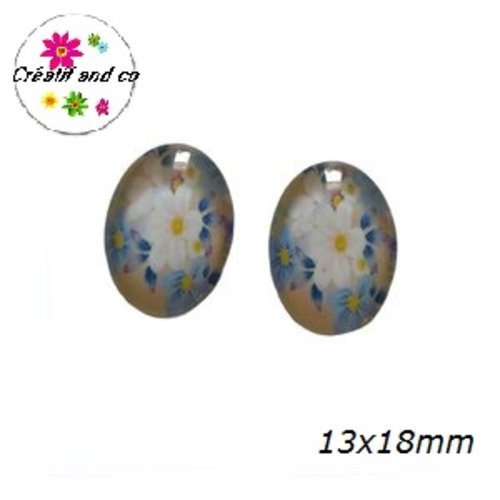 X2 cabochons ovales fleuris 13x18mm