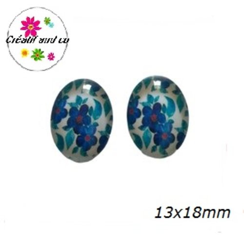 X2 cabochons ovales fleuris 13x18mm