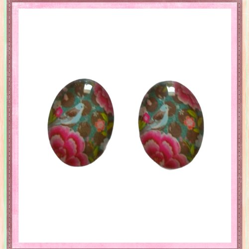 X2 cabochons ovales fleuris 13x18mm