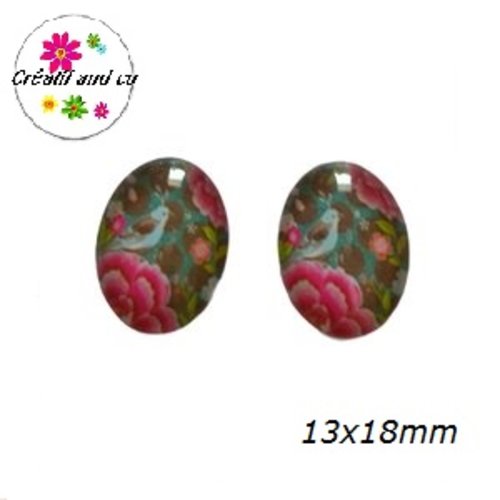 X2 cabochons ovales fleuris 13x18mm