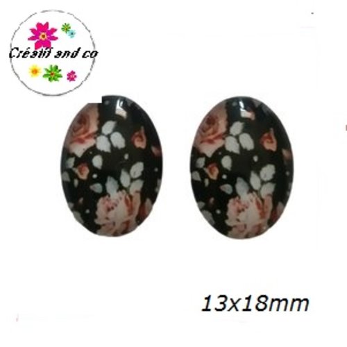 X2 cabochons ovales fleuris 13x18mm