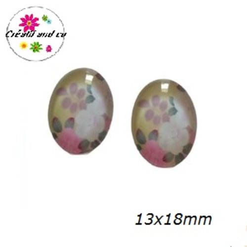 X2 cabochons ovales fleuris 13x18mm