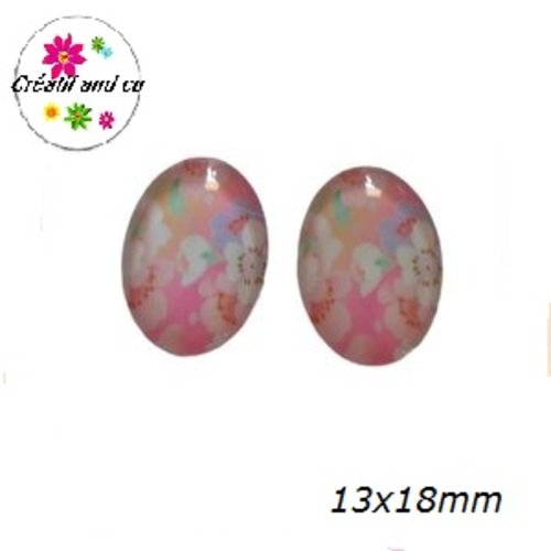 X2 cabochons ovales fleuris 13x18mm