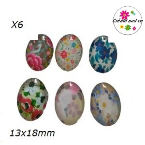 X6 cabochons ovales fleuris 13x18mm