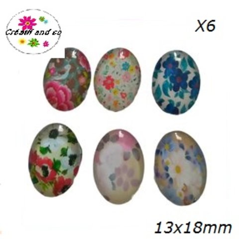 X6 cabochons ovales fleuris 13x18mm