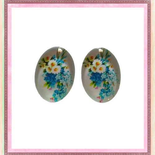 X2 cabochons ovales fleuris 13x18mm