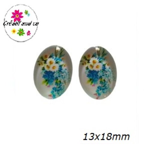 X2 cabochons ovales fleuris 13x18mm