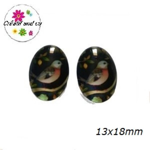 X2 cabochons ovales oiseau 13x18mm