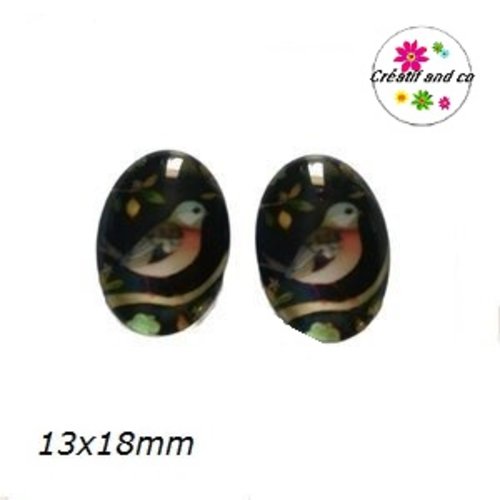 X2 cabochons ovales oiseau 13x18mm