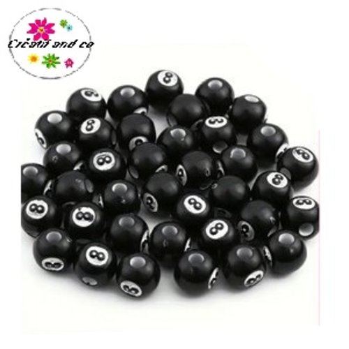 X10 perles boule de billard n°8 rondes acryliques 12mm