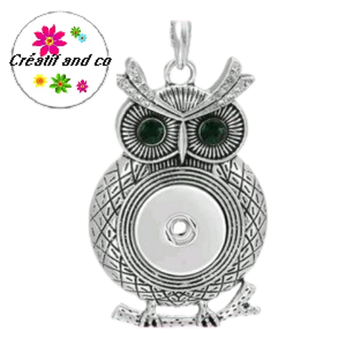 Grand pendentif hibou yeux strass verts émeraudes pour bouton pression