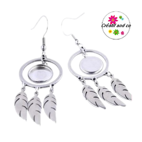 Boucle d'oreille cercle, plume et son support cabochon 10mm