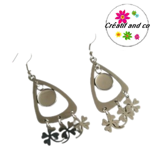 Boucle d'oreille triangle, trèfle 4 feuilles et son support cabochon 10mm