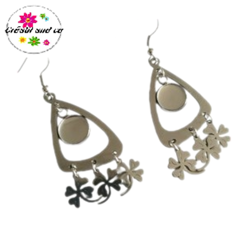 Boucle d'oreille triangle, trèfle 4 feuilles et son support cabochon 10mm