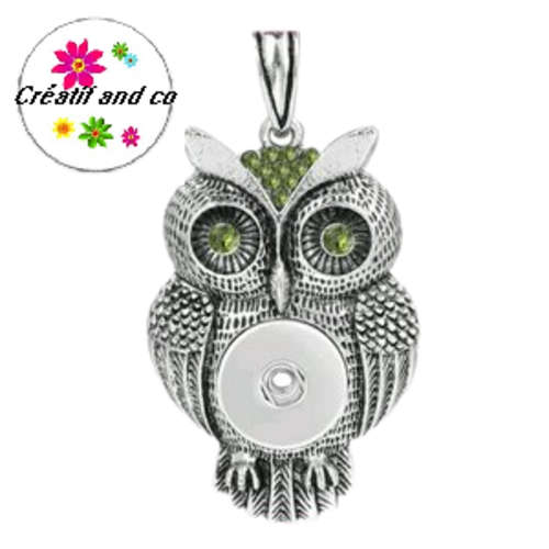 Pendentif hibou yeux strass verts pour bouton pression