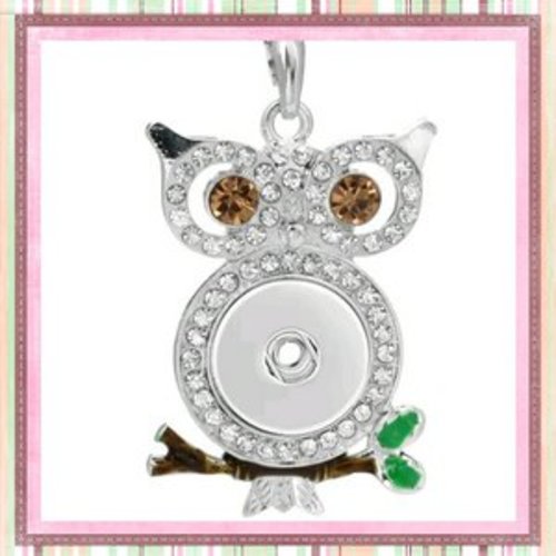 Pendentif hibou sur sa branche  yeux strass marrons pour bouton pression