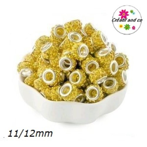 Perle gros trou strass jaune 11/12mm