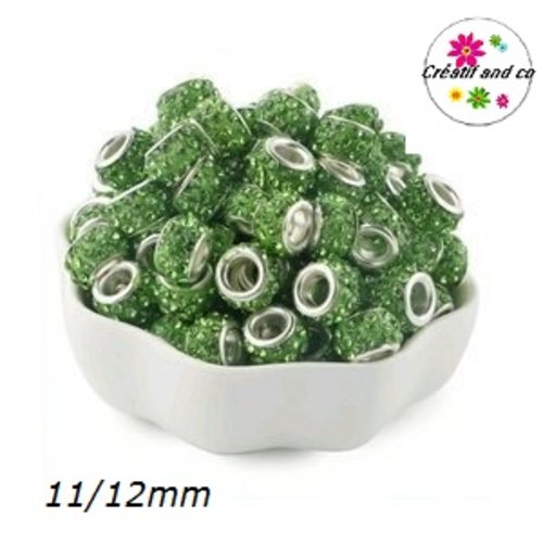 Perle gros trou strass vert 11/12mm