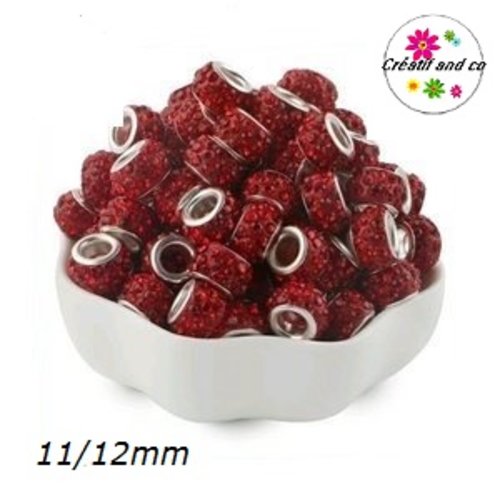 Perle gros trou strass rouge 11/12mm