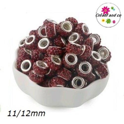 Perle gros trou strass rouge foncé 11/12mm