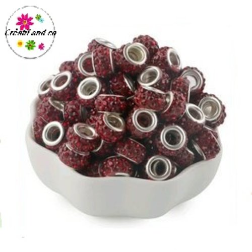 Perle gros trou strass rouge foncé 11/12mm